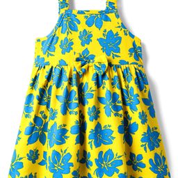 Babyhug Single Jersey Knit Sleeveless Frock With Floral Print & Bow Applique - Yellow & Blue-image-80