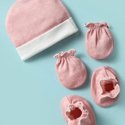 Ben Benny 100% Cotton Knit Cap Mitten & Booties Set With Polka Dots Print Pink - Diameter 9.5 cm-image-88