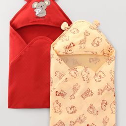 Babyoye Cotton Knit Hooded Wrapper With Animal Print pack Of 2 L 80 x B 83 cm - Red & Light Yellow-image-39