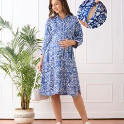 Bella Mama Woven Three Fourth Sleeves Maternity Shirt Dress With Floral Print - Blue-image-112