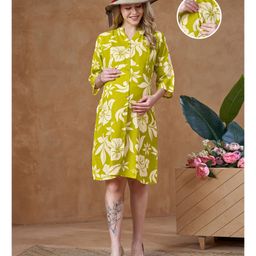 Lovely Mom's Rayon Woven Three Fourth Sleeves Floral Printed Maternity Dress With Nursing Access - Yellow-image-78