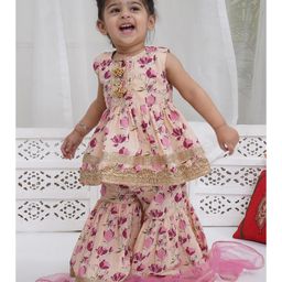 Little Bansi Cotton Woven Sleeveless Floral Printed Gota Lace Embellished Kurti Sharara With Dupatta Set - Peach-image-85