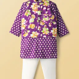 Teentaare Cotton Woven Full Sleeves Floral Printed Kurta Pyjama Set With Ethnic Jacket - Purple-picture-21