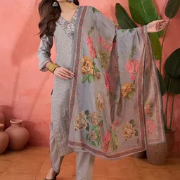 Sangria Floral Embroidered Schiffli Pure Cotton Straight Kurta With Trouser And Dupatta-image-3