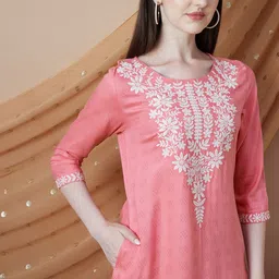 Melange by Lifestyle Floral Printed Thread Work Round Neck Straight Kurta-image-52