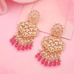 Brado Jewellery Gold-Plated Kundan Studded and Pearls Beaded Contemporary Drop Earrings-18