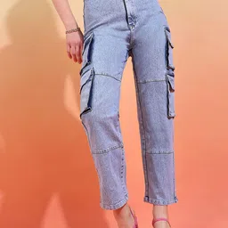 DressBerry Women Comfort Wide Leg High-Rise Stretchable Cargo Styles Jeans-picture-3