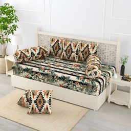 EverHOME 8Pcs Off White & Green Floral Printed Cotton Diwan Set-39