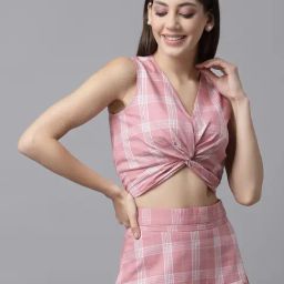 KASSUALLY Pink Checks Cotton Crop Top-image-6