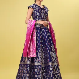 PURVAJA Navy Printed Stitched Lehenga & Unstitched Blouse With Dupatta image 3