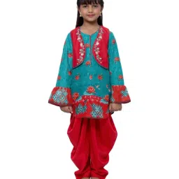 BIBA Girls Turquoise & Red Cotton Embroidered Kurti & Salwar With Jacket-image-91