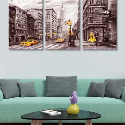 999Store Grey Street View of Paris with Couple Art 3 Frame Canvas Paintings-37