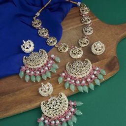 Zaveri Pearls Pink & Green Cluster Beads Drop Kundan Crescent Necklace Earring & Ring Set-ZPFK13539-15