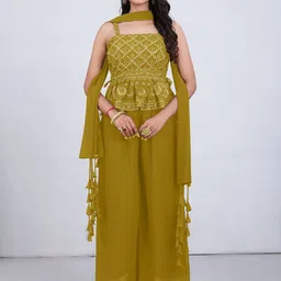 SANCIA Ethnic Motifs Embroidered Pleated Sequinned A-Line Kurta with Palazzos & Dupatta-0
