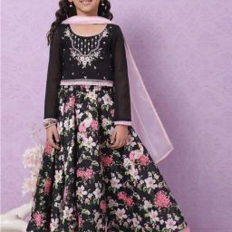 Biba Kids Black & Pink Cotton Floral Print Full Sleeves Lehenga Cholis-image-59