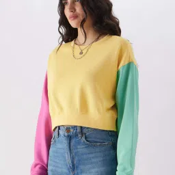 The Souled Store Multicolored Cotton Color-Block Crop Sweatshirt image 3