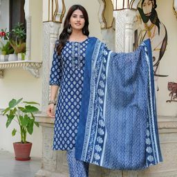 JAIPURI COLLECTION Women Ethnic Motifs Printed Pure Cotton Kurta with Trousers & Dupatta-picture-42