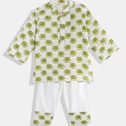 READIPRINT FASHIONS Kids White & Green Printed Full Sleeves Kurta with Pyjamas-image-87