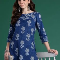 Indo Era Blue Cotton Regular Fit Printed Kurta-picture-33