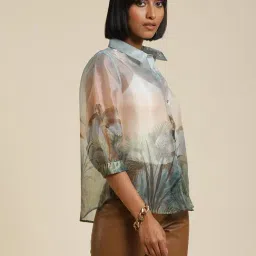 Label Ritu Kumar Ecru Printed Shirt With Camisole image 3