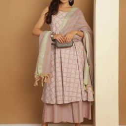 Jompers Purple Printed Kurta With Palazzo & Dupatta-image-1