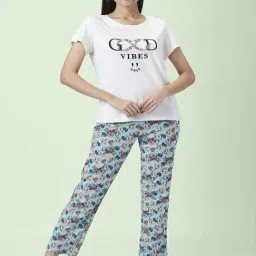 Dreamz by Pantaloons Off-White Blue Cotton Printed T-Shirt Pyjama Set-image-19