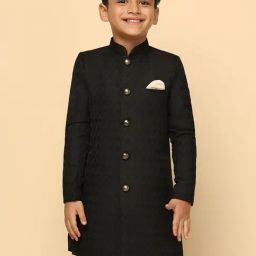 KISAH Boys Black Embroidered Full Sleeves Sherwani-image-35