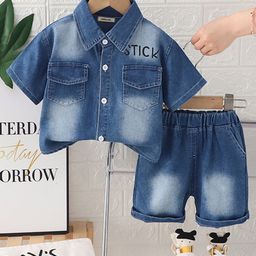 INCLUD Boys Typographic Printed Denim Shirt With T-shirt And Shorts-image-30