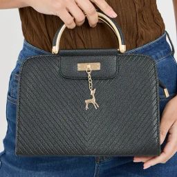 Styli Black Textured Deer Pendant Satchel Bag-image-41