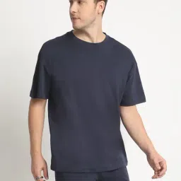 Bene Kleed Navy Cotton Loose fit Solid T-Shirt-image-5
