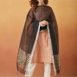 Black Cotton Silk Blend Jamdani Dupatta-image-42