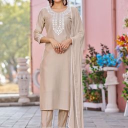 Moda Rapido Floral Yoke Design Thread Work Pure Silk Kurta with Trousers & Dupatta-11
