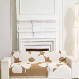 HomeCloud Beige & Off White Printed Velvet 1 Piece Sofa Cover-5