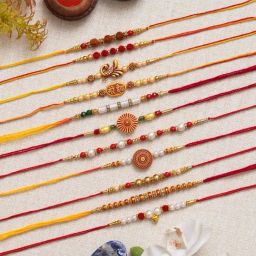 eCraftIndia Set of 11 Rudraksha, Peacock, Mere Bhaiya, Flower, Beads & Pearl Rakhis with Roli Chawal-41