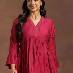 Libas Woven Design V-Neck Pleated Kurti-image-46
