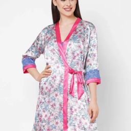 Sweet Dreams White & Pink Printed Short Nighty with Robe-image-114