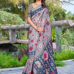 Anouk Rustic Floral Printed Zari Linen Blend Sungudi Saree-41