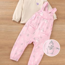 Babyoye Cotton Eco Jiva Finish Dungaree Style Romper With Top Penguin Christmas Theme Print - Pink-image-31
