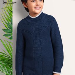 Arias Consciously Sourced Cotton Structured knit High neck Full Sleeve Pullover -Navy-picture-4