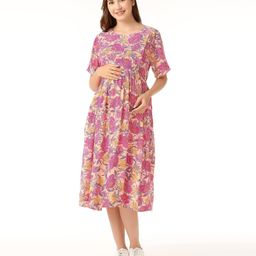 Bella Mama Soft Rayon Short Sleeves Maternity Dresses With Pocket Floral Print - Peach-image-54