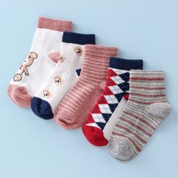 Mustang Cotton Blend Ankle Length Socks Teddy Design Pack of 5 - White Grey & Red-image-94