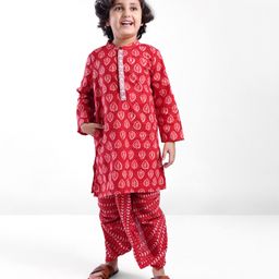 Babyhug 100% Cambric Full Sleeve Printed Kurta With Dhoti Set - Red-image-89