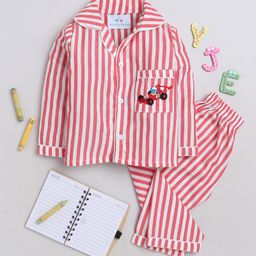 Knitting Doodles Premium Cotton Full Sleeves Railroad Striped & Racing Car Embroidered Coordinating Night Suit - Red & White-image-25