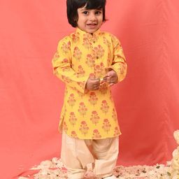 VASTRAMAY SISHU Full Sleeves Jaipuri Flower Motif Printed Kurta With Patiala - Mustard Yellow & Cream-image-30