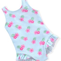 Babyhug Sleeveless V Cut Swimsuit Frill Design & Floral Print - Blue-image-25