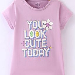 Ollypop Cotton Knit Half Sleeves T-Shirt Floral & Text Print - Purple-picture-14