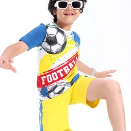 Ollington St. 100% Cotton Knit Half Sleeves T-Shirt & Shorts Set With Football Print - White Blue & Yellow-image-13