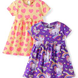 Babyhug 100% Cotton Single Jersey Knit Half Sleeves Frock With Hearts & Unicorn Print Pack Of 2 - Multicolor-image-64