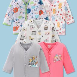 OHMS Single Jersey Knit Full Sleeves Front Open Jhablas with Bear & Rocket Print Pack of 5 - White Peach & Grey-image-11
