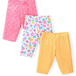 Babyhug Cotton Lycra Knit Three Fourth Leggings with  Floral & Polka Dots Print Pack of 3 - Yellow White & Pink-image-68